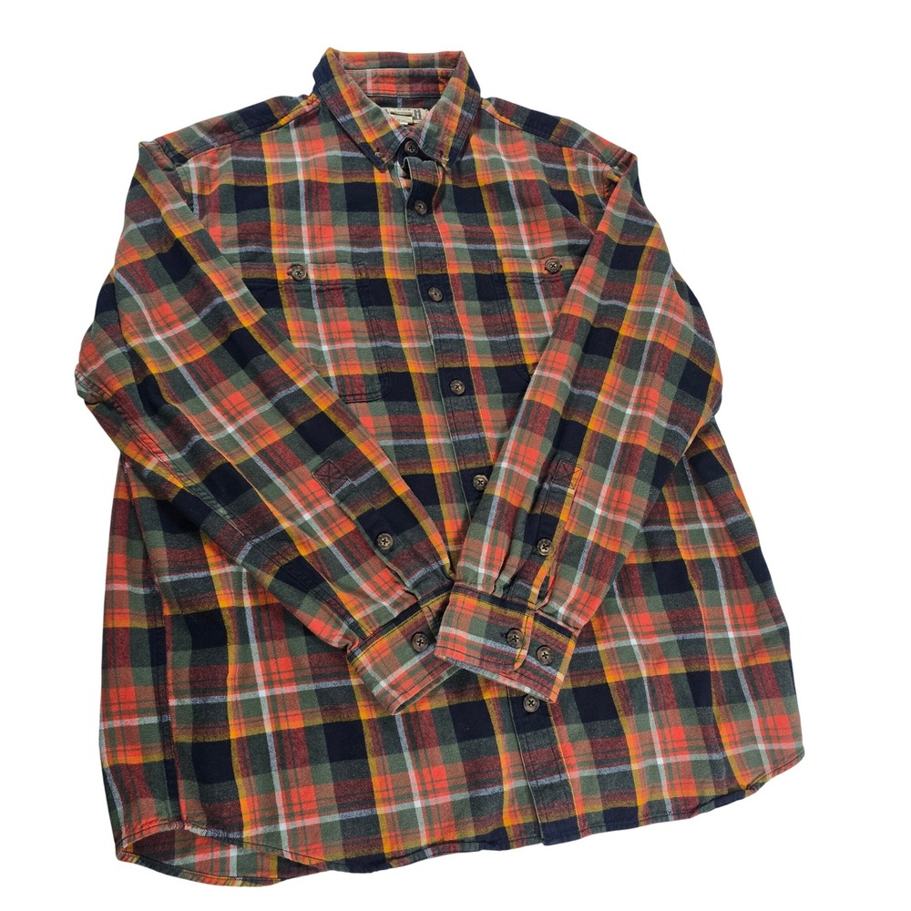 Duluth Trading‎ Co Mens Large Relaxed Fit Plaid Flannel Shirt Orange Green 52007